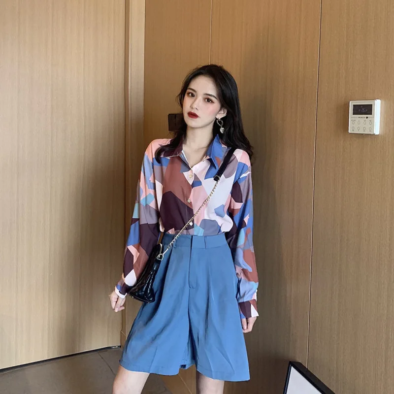 

Early Autumn WOMEN'S Suit 2019 New Style Retro Contrast Color Long-sleeved Shirt High-waisted Bermuda Shorts Hong Kong Flavor Tr
