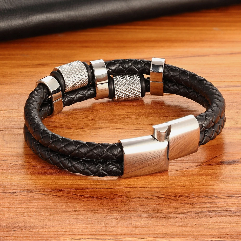 Irregular Pattern Shape Men’s Fashion Stainless Steel Leather Bracelet Custom 3 Colors Classic For Handsome Boys Birthday Gift