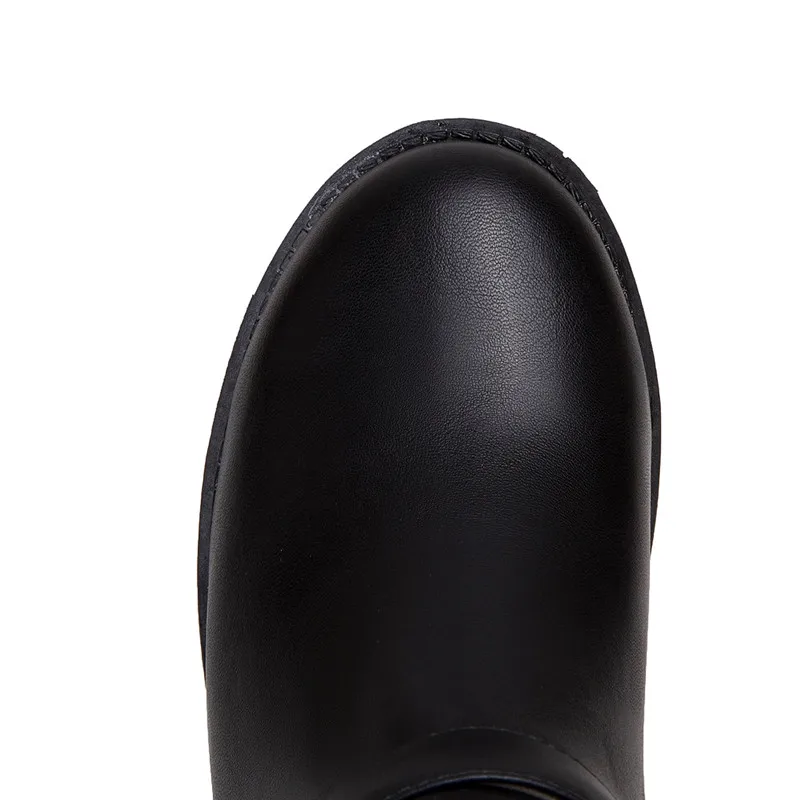 MoonMeek winter keep warm pu leather mid calf boots low heel round toe buckle black comfortable half boots for woman