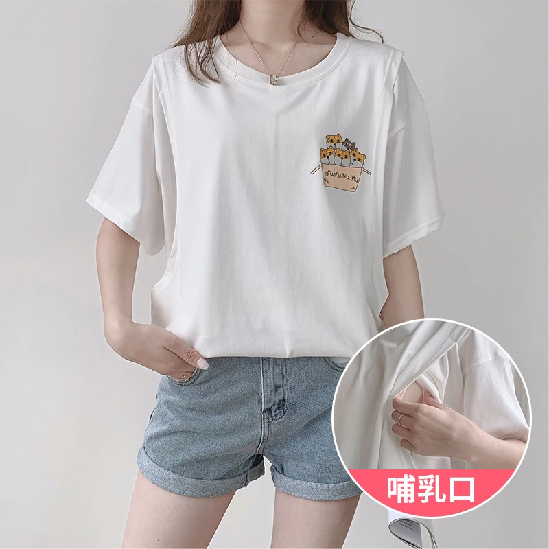 Blouse Tee-Shirt Breastfeeding-Clothes Kitty-Pattern-Print Maternity-8569 Short-Sleeve
