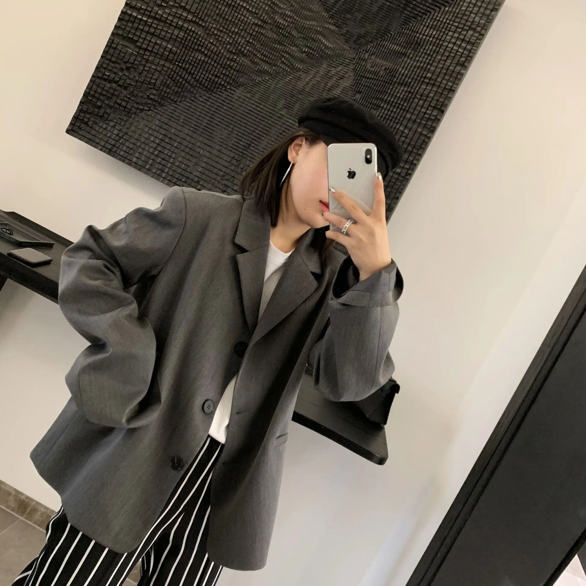 

T3767 New Style INS Cool Network Red Tide-Cuff Suit Two-Piece Set Medium Grey Turn-down Collar Coat Tops Women's
