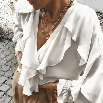 

UK Women's Summer Blouse Ladies V Neck Loose Chiffon Long Sleeve Casual Solid Blouses