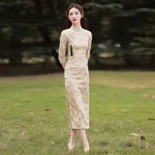 

Cheongsam Dress Women's Plus Size Tops 2022 Spring Cotton Blend Jacquard Splicing Chinese Style Retro Long Qipao Dresses Woman