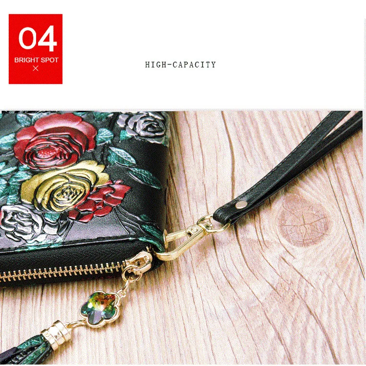 Echtes Leder Brieftasche Frauen Große Kapazität Karte Halter Geldbörse Floral Frauen Leder Brieftaschen Lange Weibliche Geldbörse – Detail 16