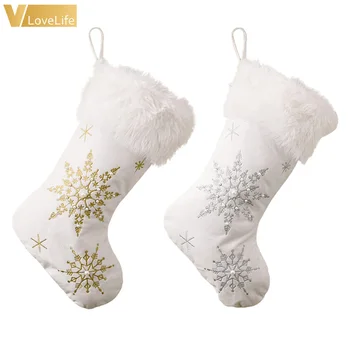 

Christmas Stockings Socks 2020 Gold Silver Snowflake pearl New Year With Hanging Rope Candy Gift Bags Xmas Decor Party Supplies