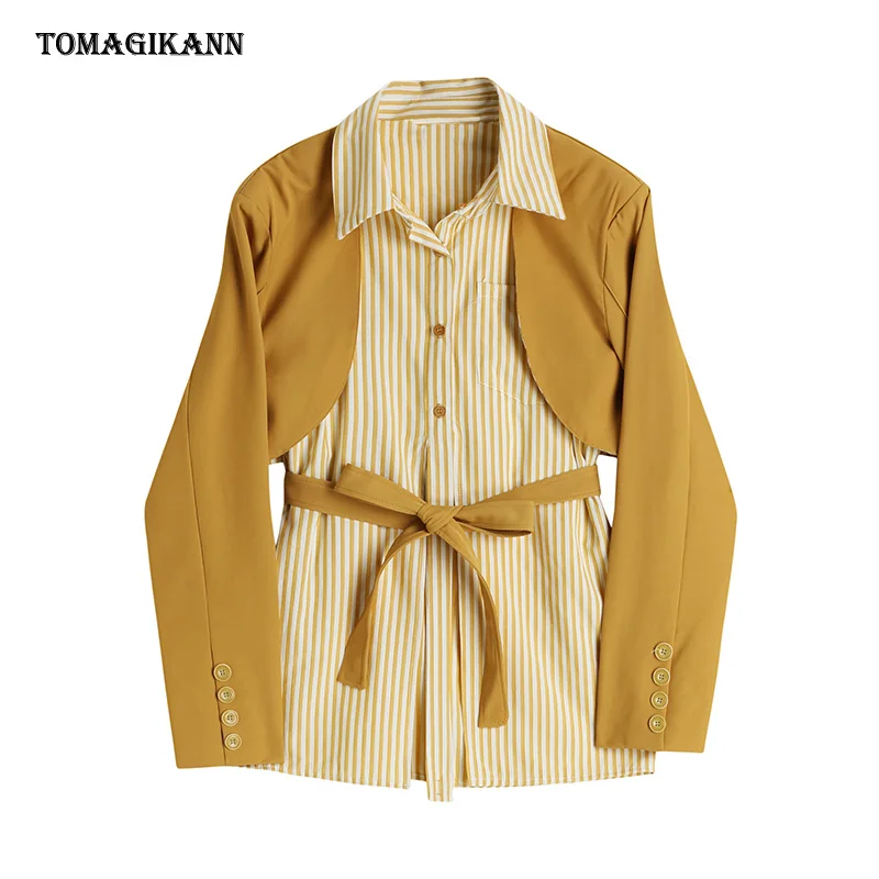 Striped Patchwork Fake Two Piece Blazer Women Notched Collar Long Sleeve Sashes Jacket 2021 Casual Autumn Female Clothing