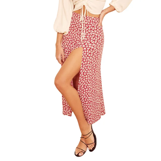 Women Skirt Wraps Fashion Casual Split Beach Long Ladies Leopard Flower Skirts Printed  High Waist Female Side Open Summer Skirt big red flower
