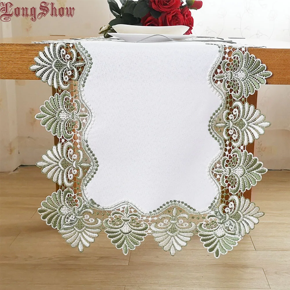 

Creative Luxury Weding Party Decorative Green Color Embroidered Lace Trim Polyester Table Runner