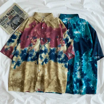 

Tie Dye Women Shirts Fashion Casual Loose Tops Turn Down Colar Short Sleeve Streetwear Female Tees Blouses Summer Shirts