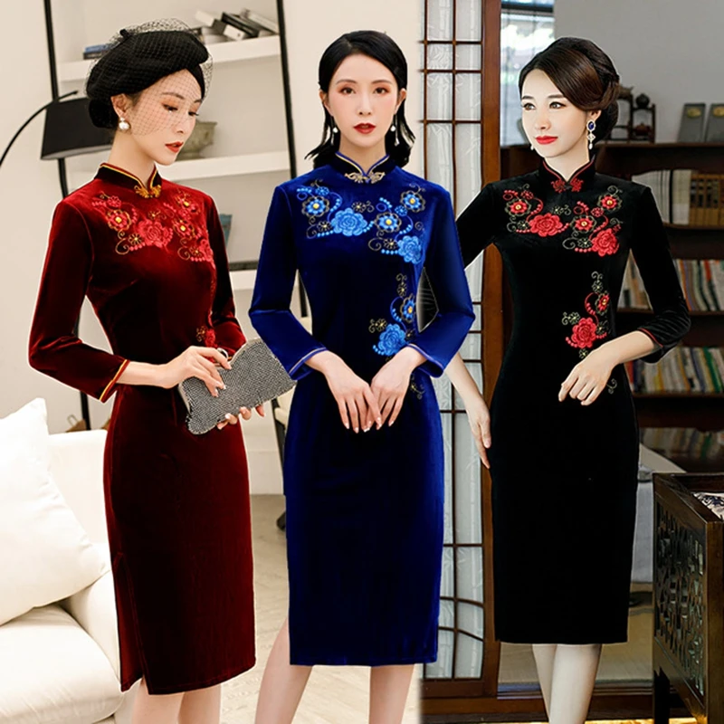 Традиционное платье Чонсам осень зима cheongsam Женский Большой размер cheongsam мать загружен Золотой Бархат модифицированный cheongsam платье