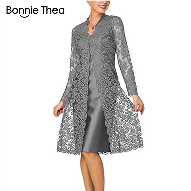 Серый Bonnie Thea женское кружевное платье из двух частей с длинным рукавом, элегантное черное платье для вечеринки, весеннее платье - Цвет: Серый