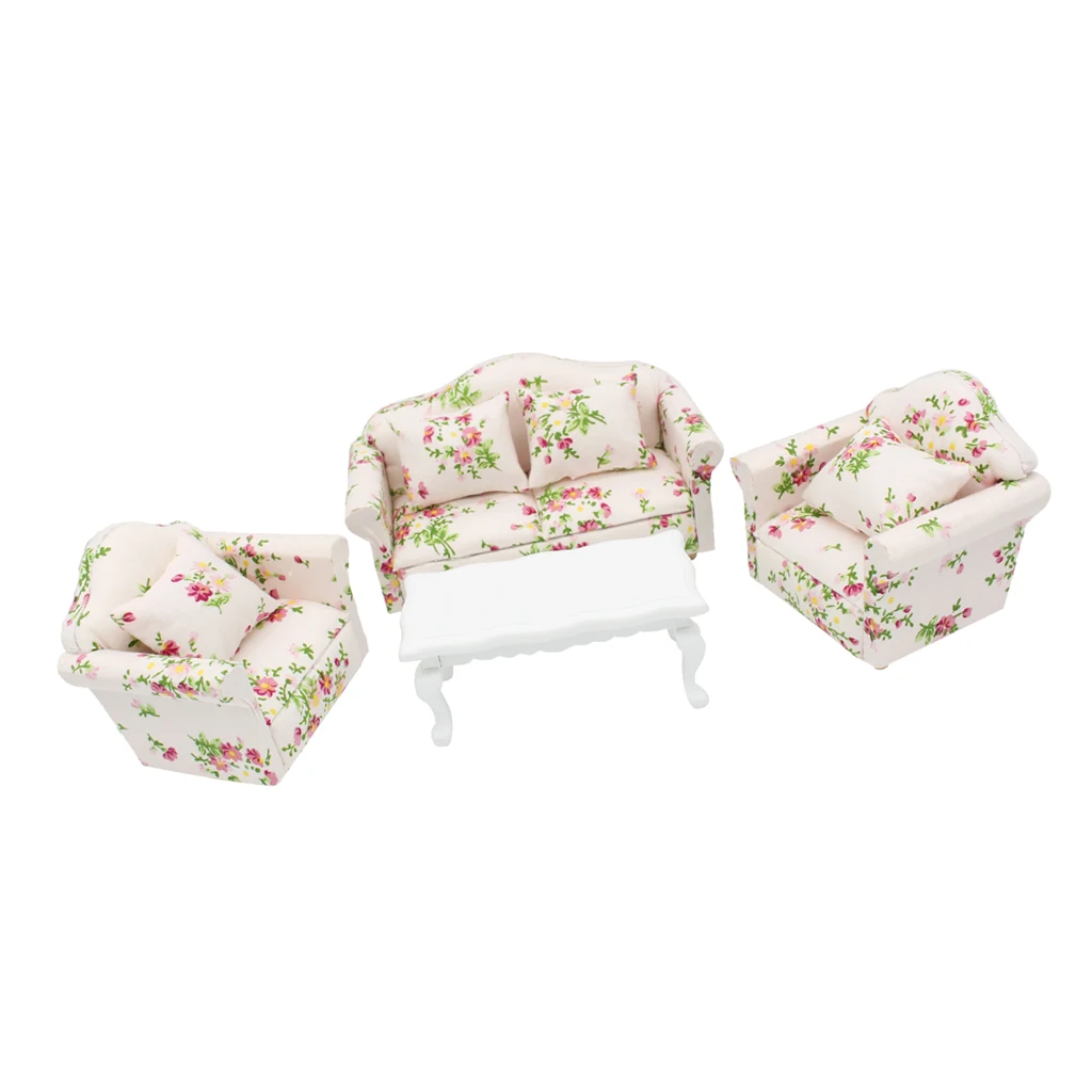 Doll's House Miniatures Living Room Furniture Set Floral Sofa Couch End Table Kits 1:12