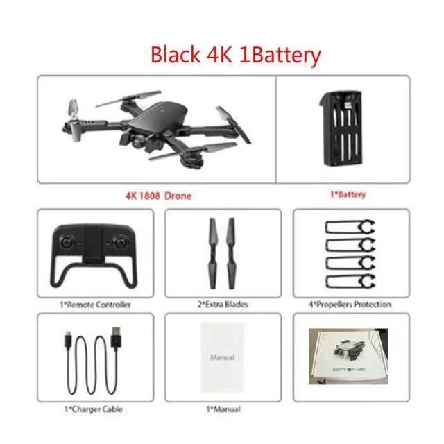 Black 4K 1Battery 1808 RC дроны 4K Профессиональный Квадрокоптер мини-Дрон Wifi FPV Квадрокоптер с камерой оптическое позиционирование потока Карманный Дрон игрушка - Цвет: Black 4K 1Battery