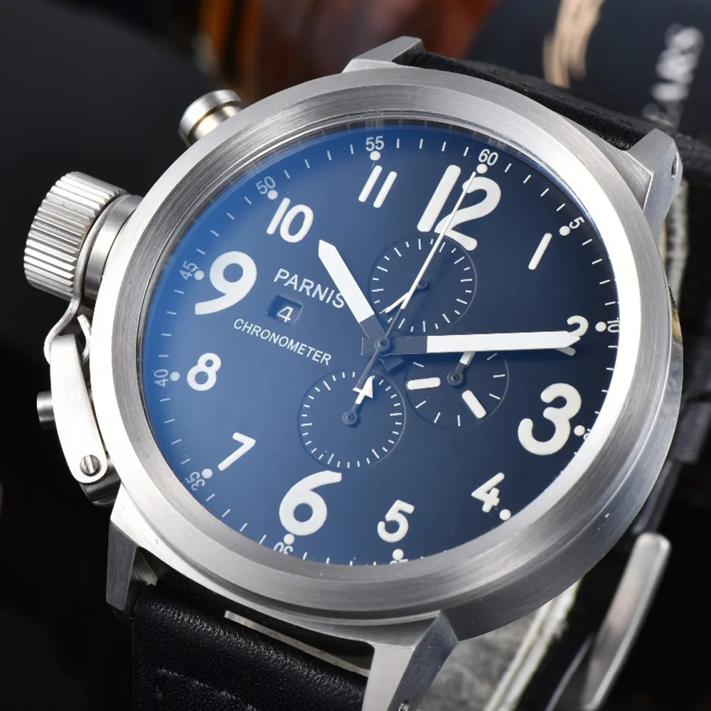 

Parnis needle 50mm dial black orange brands leather strap full calendar silver chronograph watch Lefty quartz movement watch 02