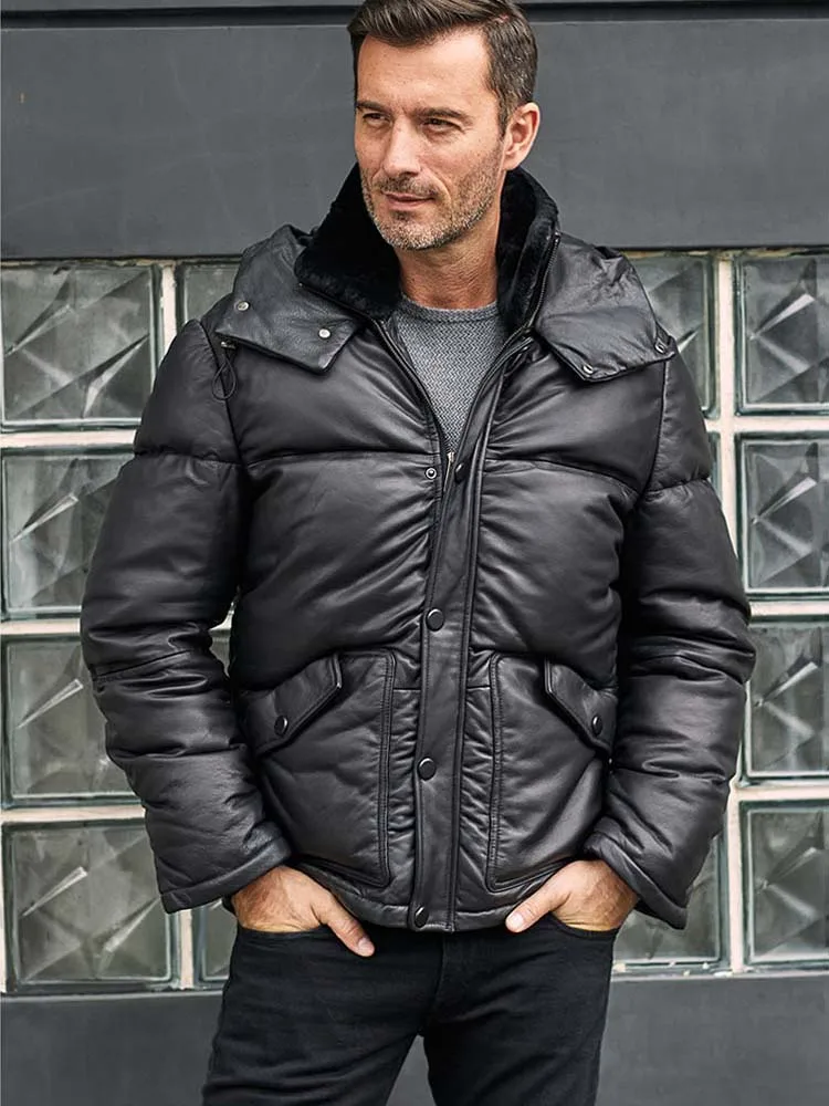 Imported Cowhide Down Jacket Mens Black Leather Coat Short Hooded Winter Overcoat Thick Windbreaker rea black cowhide барный стул