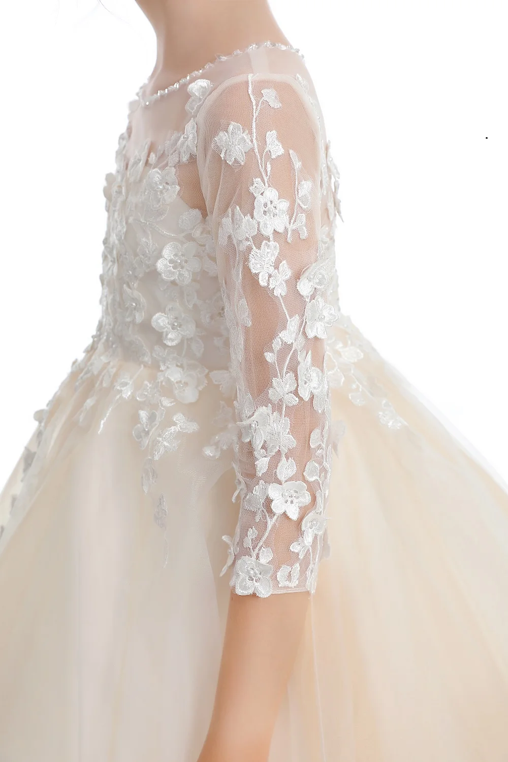 Puffy Tulle Appliques Baby Ball Gown Flower Girl Dresses Long Sleeve Princess Dress Wedding Party Dress First Communion