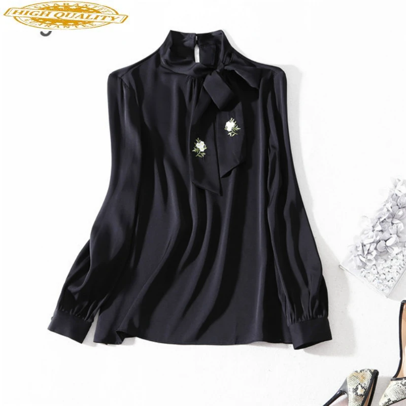 Vrouwen Lange Mouw Shirts Real Zijden Tops En Blouses Koreaanse Mode Kleding Vintage Rea Zwart Blouse Lente 2020 WW011 Vrouwen Lange Mouw Shirts Real Zijden Tops En Blouses Koreaanse Mode Kleding Vintage Rea Zwart Blouse Lente 2020 WW011