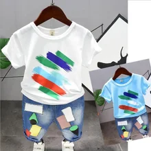 Новые летние комплекты одежды, повседневная детская одежда из хлопка для мальчиков, футболка+ короткие штаны для маленьких мальчиков, комплекты одежды из 2 предметов для 2-6 лет