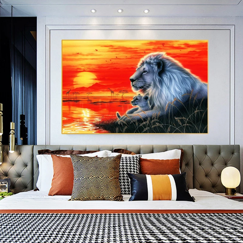 Настенная картина с дикими животными на закате напечатанная холсте львица и ее