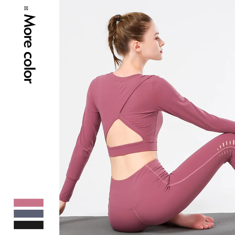 

Sexy Backless Women Yoga Top Sports Shirt Long Sleeve Sports Wear for Women Gym Fitness Ombre Seamless Crop Top Black Pink Gray