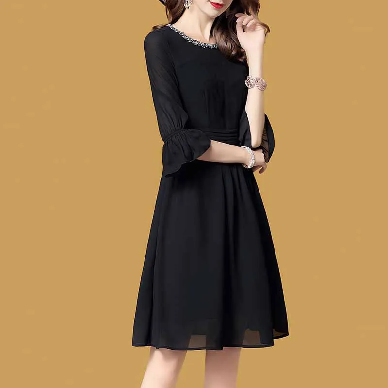 

Ozhouzhan Fashion Black Dress Women's Spring And Autumn 2019 New Style Mid-length Elegant Beads A- line Skirt Sub-Hot Selling