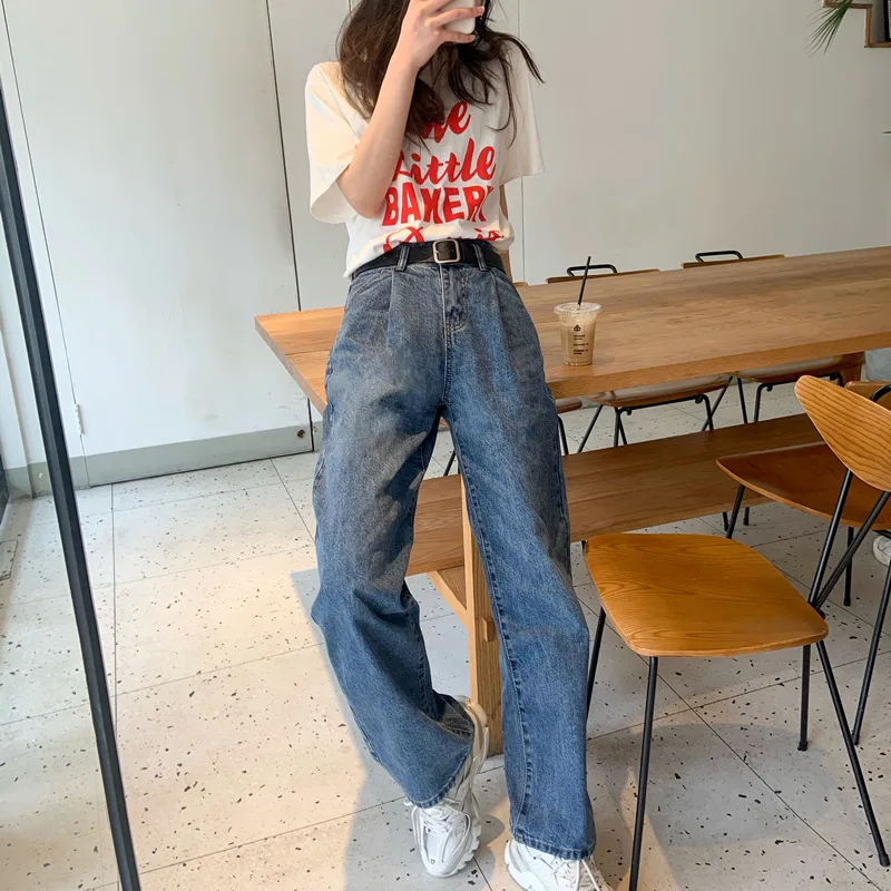 Размера плюс Винтаж Высокая талия широкие брюки прямые свободные длинные джинсы