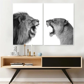 

Lion and Lioness Canvas Poster Black and White Woodlands Animal Print Photo Painting Wall Picture For Living Room Decoration