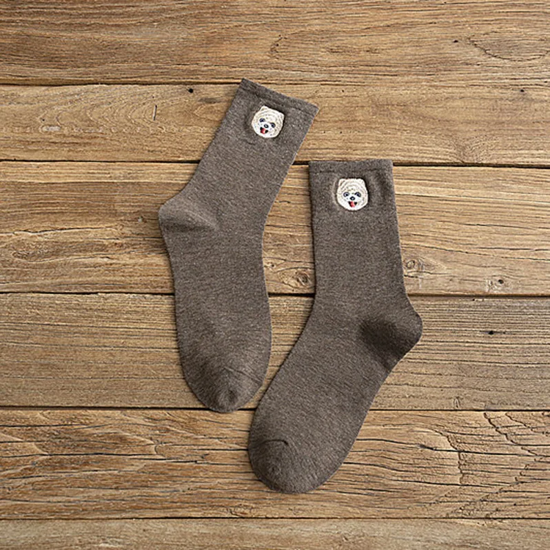PEONFLY/1 пара осенне-зимних Хлопковых Носков, женские милые носки с мультяшной вышивкой и принтом собаки, повседневные женские хлопковые носки - Цвет: coffee