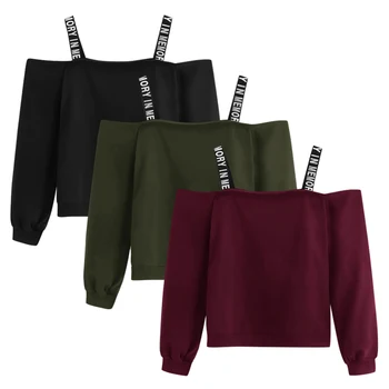

Off shoulder sweatshirts Fashion Women Long Sleeve Sweatshirt Letter Print Pullover Top Blouse black hoodie bluza dresowa damska