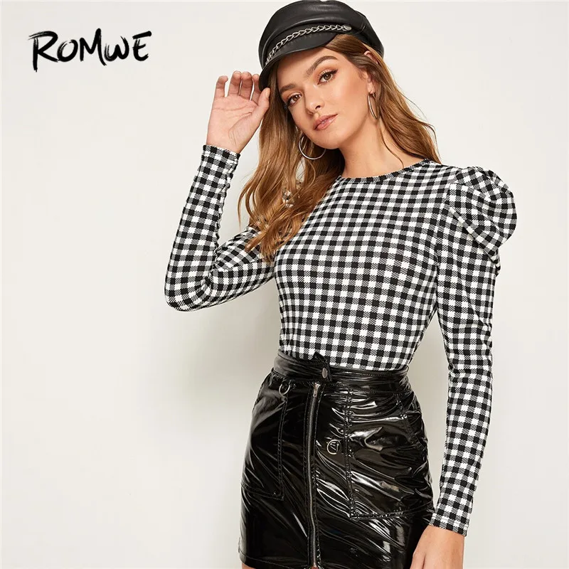 

ROMWE Puff Sleeve Gingham Fitted Blouses Woman Clothes 2019 Autumn Girly Round Neck Long Sleeve Blouse Ladies Plaid Top