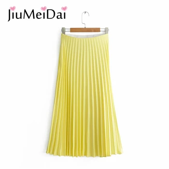 

JiuMeiDai Spring & Autumn New Fashion Women's High Waist Skirts Ladies Yellow Pleated Solid Half Length Elastic Skirt Promotions