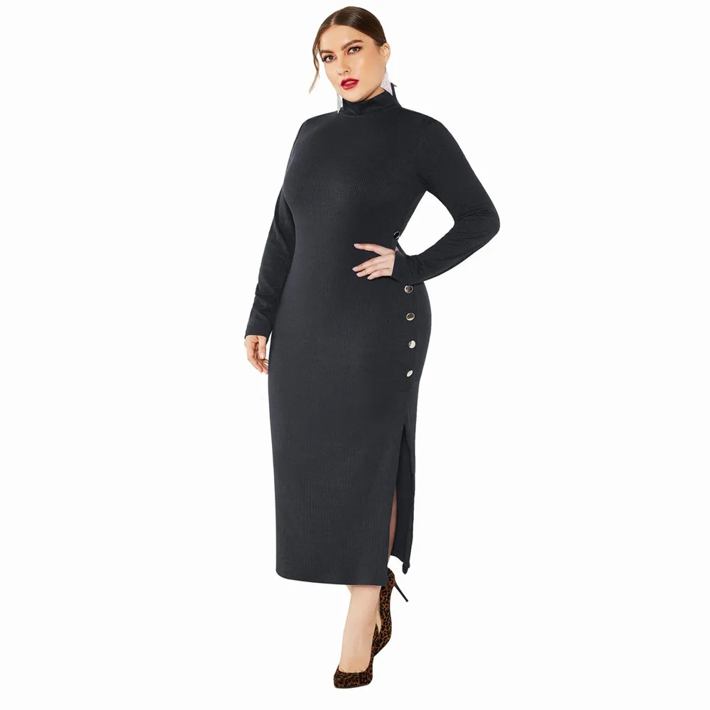 

2020 Spring New Women Long Sleeve Sexy Bodycon Madi Dress with Button Slit Plus Size Ladies Casual Dresses