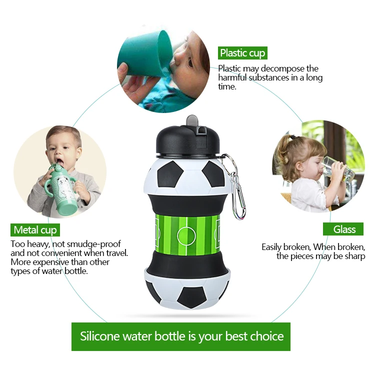 2019 Wholesale Novelty Football Sports Foldable Collapsible Travel Silicone Water Bottle