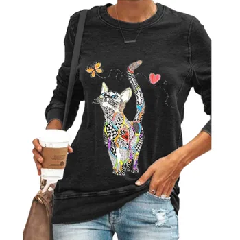

Autumn Women Colorful Cat Butterfly Print T-shirt Casual O-Neck Long-Sleeved Pullover Tops Ladies Plus Size Street Black Tees