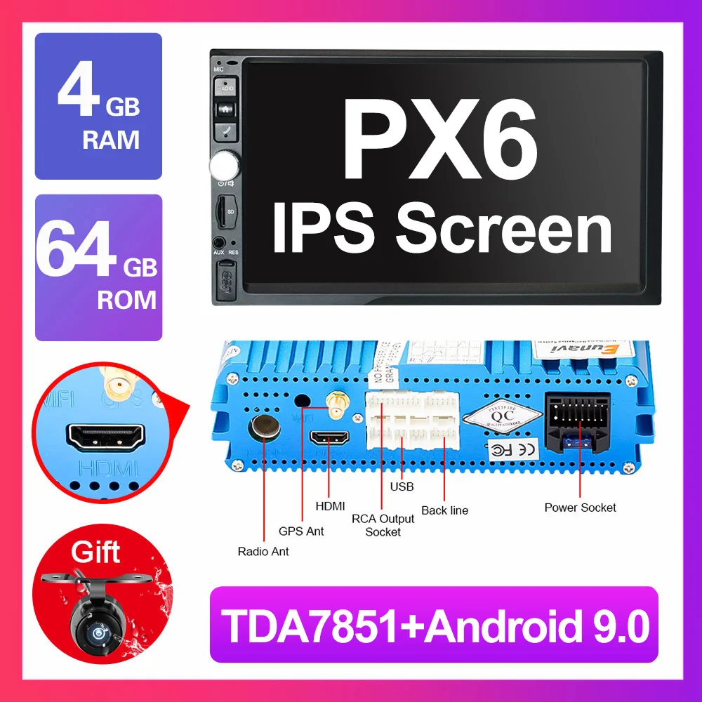 P13 4G 64G PX6 Eunavi 2 Din 7 ''Восьмиядерный Универсальный Android 9,0 4 Гб ram автомобильный Радио Стерео gps навигация WiFi 1024*600 сенсорный экран 2din без DVD - Цвет: P13 4G 64G PX6