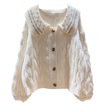 

LANMREM korean style high quality beaded lapel cardigan sweater coat famale thick 2020 autumn new loose knitted clothes YJ677