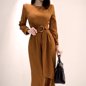 

Office Lady Elegant Sexy Stripe Wide Leg Jumpsuits Women Spring Rompers Belted Waist Office Wear Playsuits