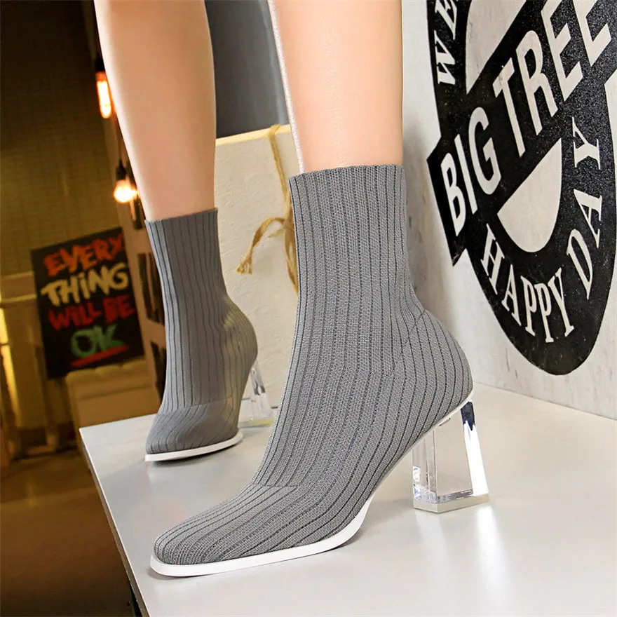 

Fashion Transparent Crystal Heels Women Boots New Spring Gray Square Toe Knitting Stretch Woman Shoes Platform Female Sock Boots