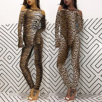 Monos de leopardo para mujer, moda Sexy de manga larga con hombros descubiertos, mono ajustado para otoño E invierno, gran oferta 2020