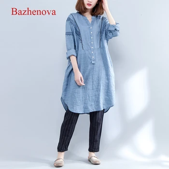 

Bazhenova Women Embroidery Shirt Girl Loose Autumn V-neck Long Blouse For Woman Large Size Linen Shirts Ladies Fashion Tops R185