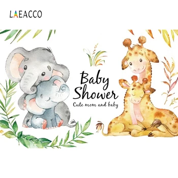 

Laeacco Baby Shower Photophone Cute Mom and Baby Elephant Deer Grass Photography Backdrops Child Newborn Birth Photo Backgrounds