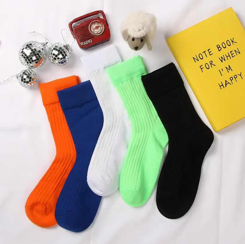Женские однотонные хлопковые неоновые зеленые спортивные носки, неоновые оранжевые носки по щиколотку, носки для девочек, короткие зимние носки, неоновые цвета, 5 пар/лот