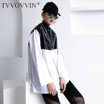 

2020 New Autumn Winter Round Neck Long Sleeve Loose Turtleneck Leather Stitching Hit Color T-shirt Women Fashion 1C037