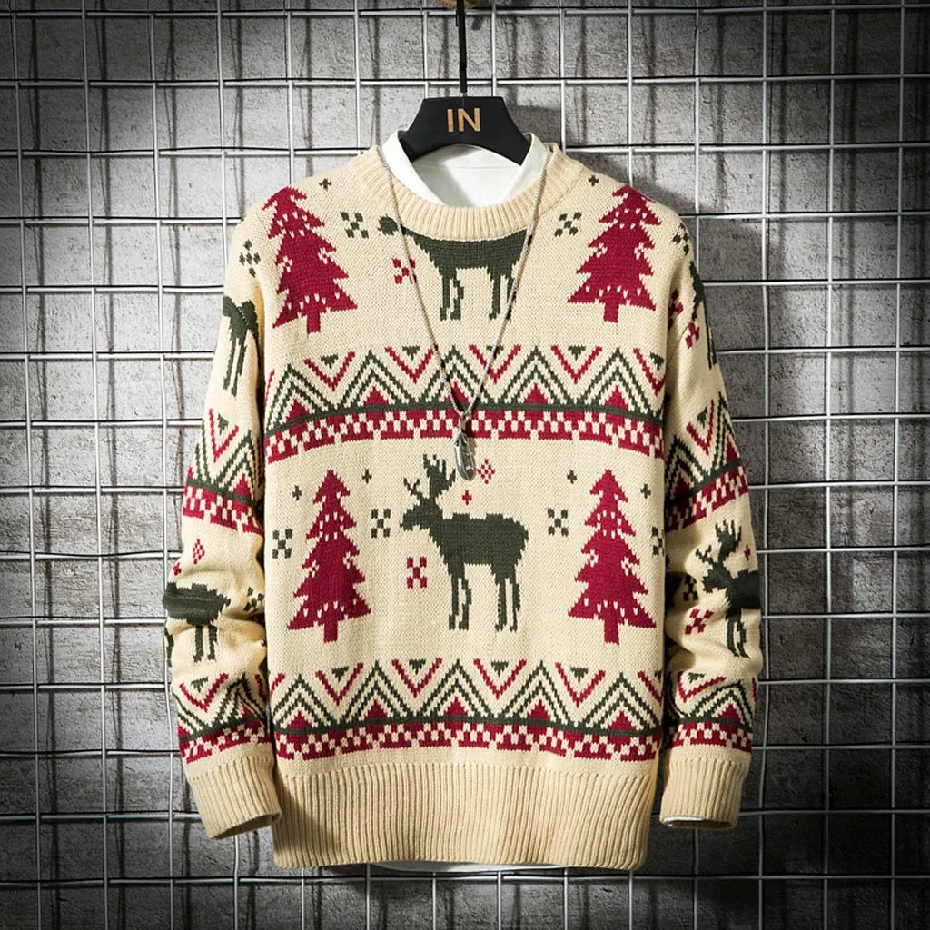 Зимний Рождественский свитер, мужской Рождественский свитер, Модный снежный цветочный принт, круглый вырез, блузка, пуловер, мужской свитер