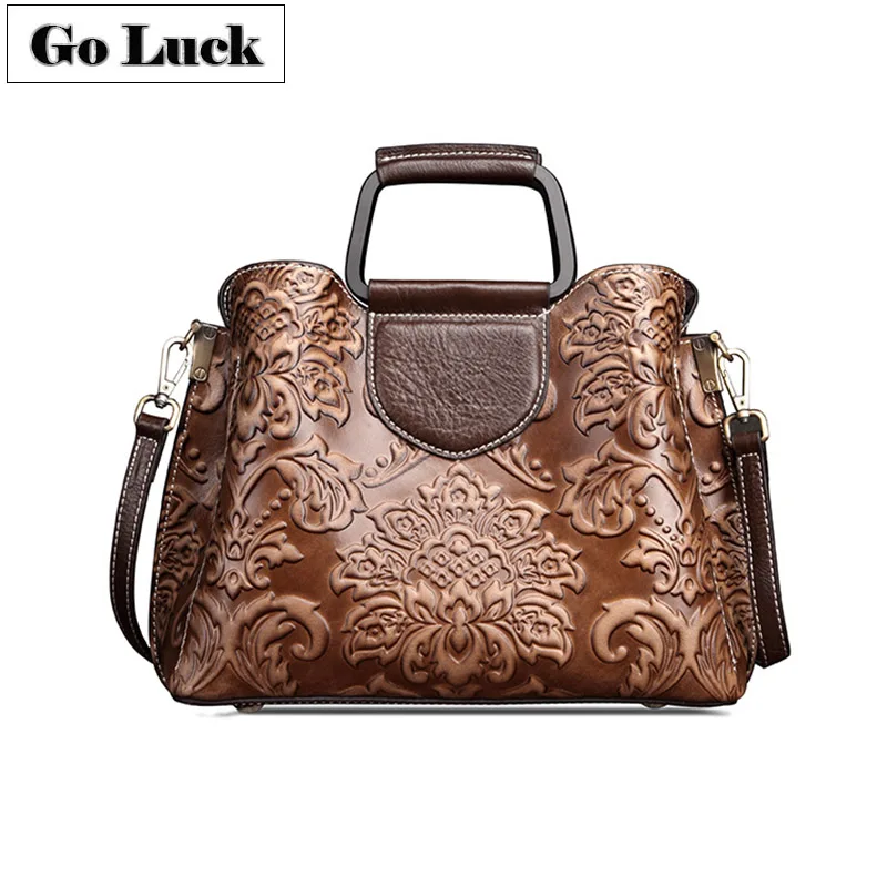 

Genuine Leather Top-Handle Handbag Women's Crossbody Shoulder Bag Women Messenger Bags Casual Vintage Floral Engrave Packs