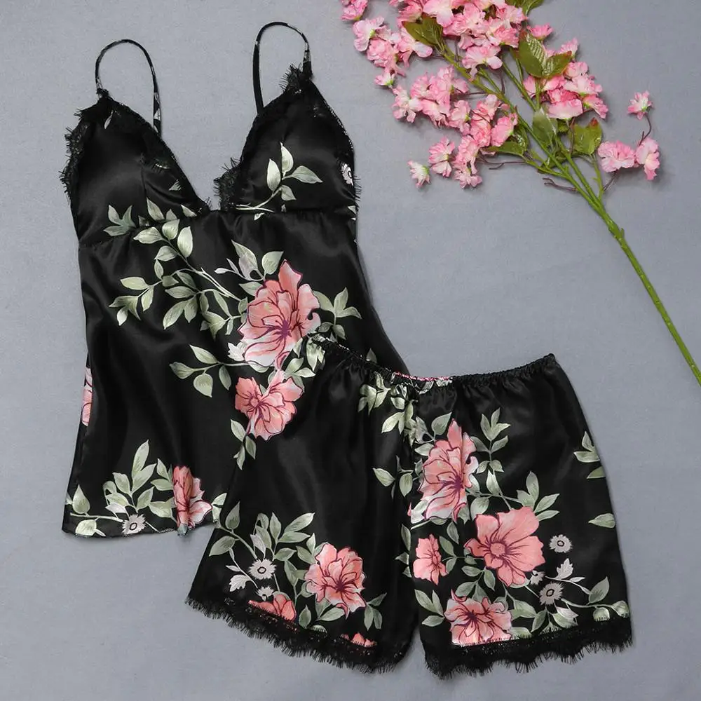 

Women Satin Silk Lace Two piece set Sleepwear Ladies Sleeveless Padded V Neck Sexy Lingerie Nightwear Shorts Pajama Sets Hot B4