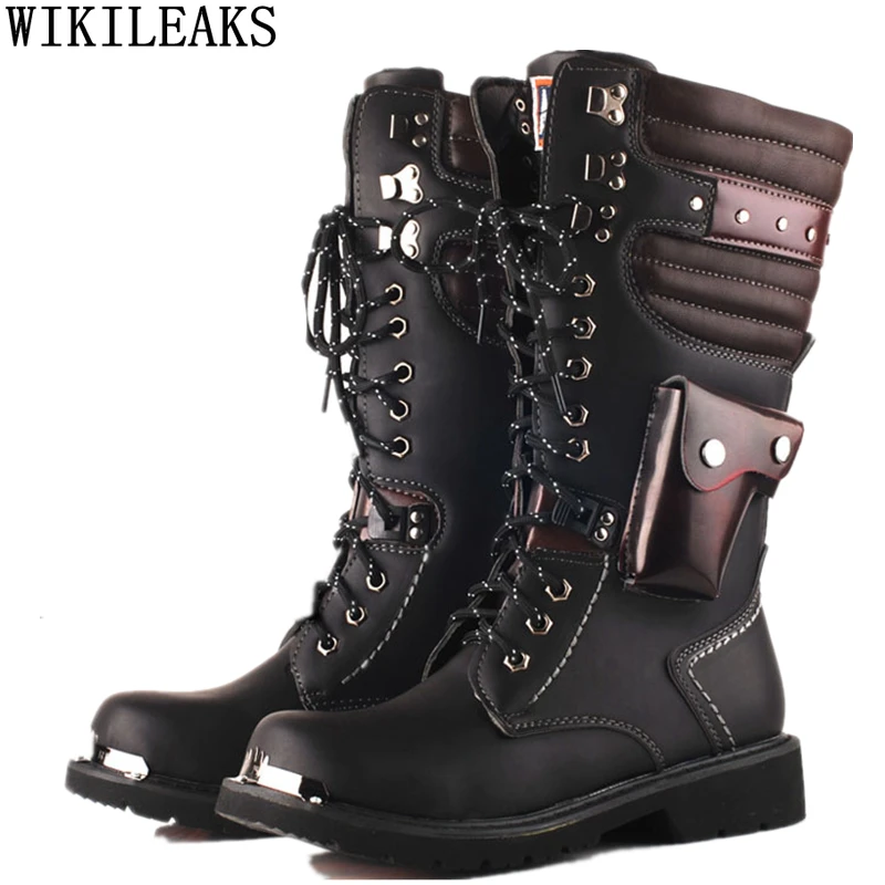 Botas militares negras para hombre, de cuero, informales, de plataforma, Punk| | - AliExpress