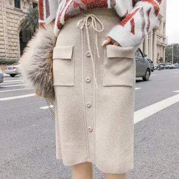 

Skirts Women Autumn Cotton Elastic High Waist Pocket Skirt Ladies Elegant Solid Color Skirts Single Breasted Midi Skirts