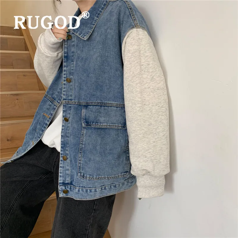 RUGOD куртки женские в Корейском стиле с отложным воротником одинарной вязки Лоскутные Джинсовые куртки с длинными рукавами Свободная Повседневная Женская жилетка джинсы Femme