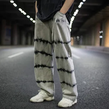 

EWQ / men's wear Irregular Tie-dyed Denim Pants Fashion Zipper Straight Loose Wide Legs Jeans Hip Hop Streetwear Casual 9Y1768